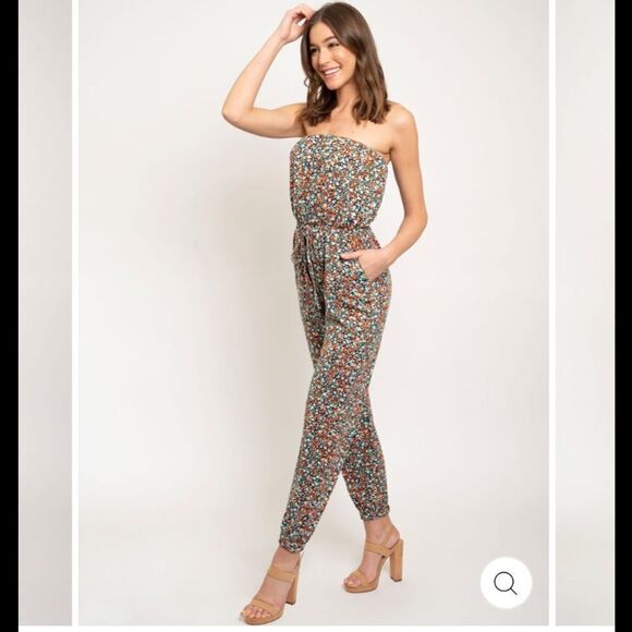 Ditsy Floral Printed Strapless Jumpsuit Joggers - Picture 1 of 9